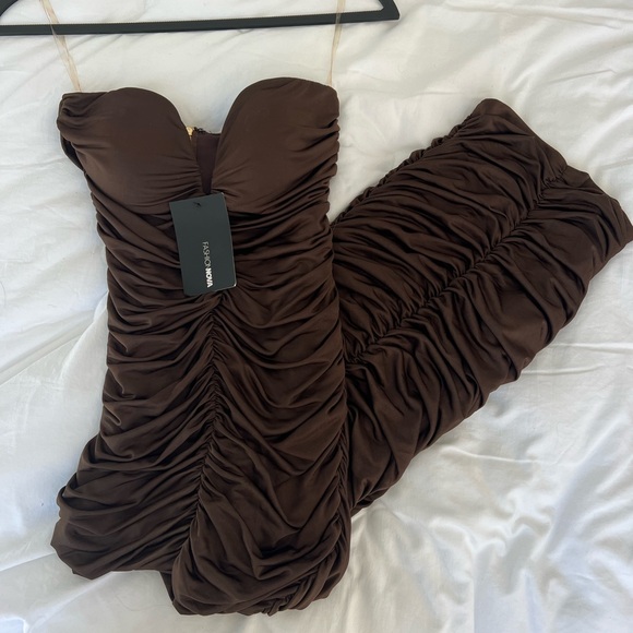 V Cut Midi Runched Brown Dress - Picture 2 of 4